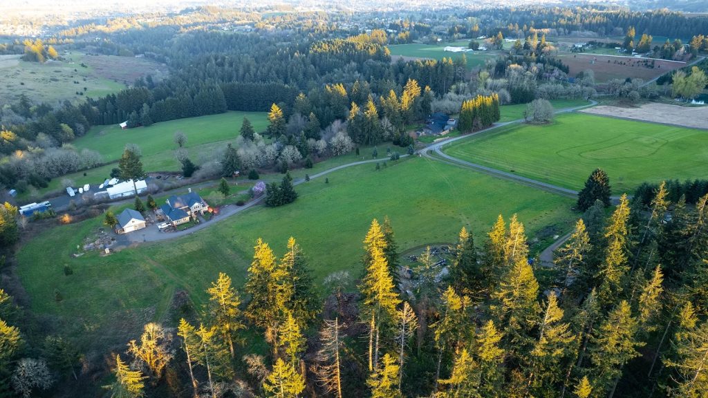 Drone image of 50 acre home and estate west of Salem