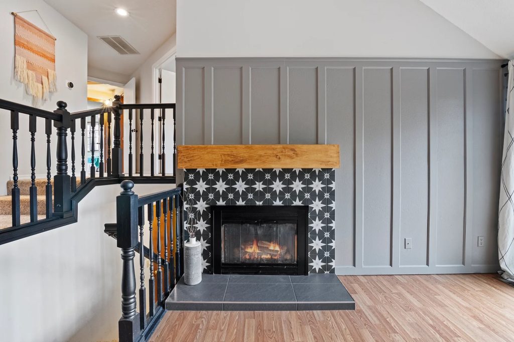 Fireplace in corner of living room